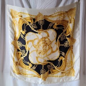 Vintage White Echo Saks Fifth Ave Silk Scarf Baroque Rococo Black Gold Tassel